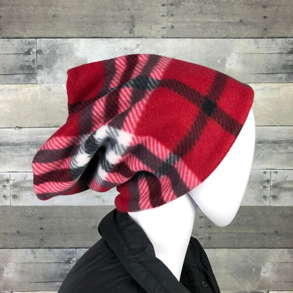 Red Plaid Fleece Neck Warmer: Tartan Scarf Cowl - Picture 4 of 9